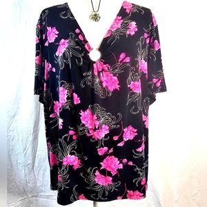Susan Lawrence black v neck with pink floral print Blouse 2x